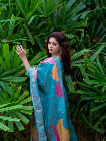 Glittering Teal Soft Tissue Ready to Wear Silk Kurti Set Geetha Creation